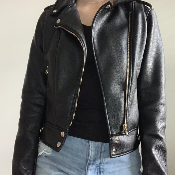 Fully-Lined Vegan Leather Biker Moto Motorcycle Jacket with Gold Zipper Hardware - Picture 9 of 13